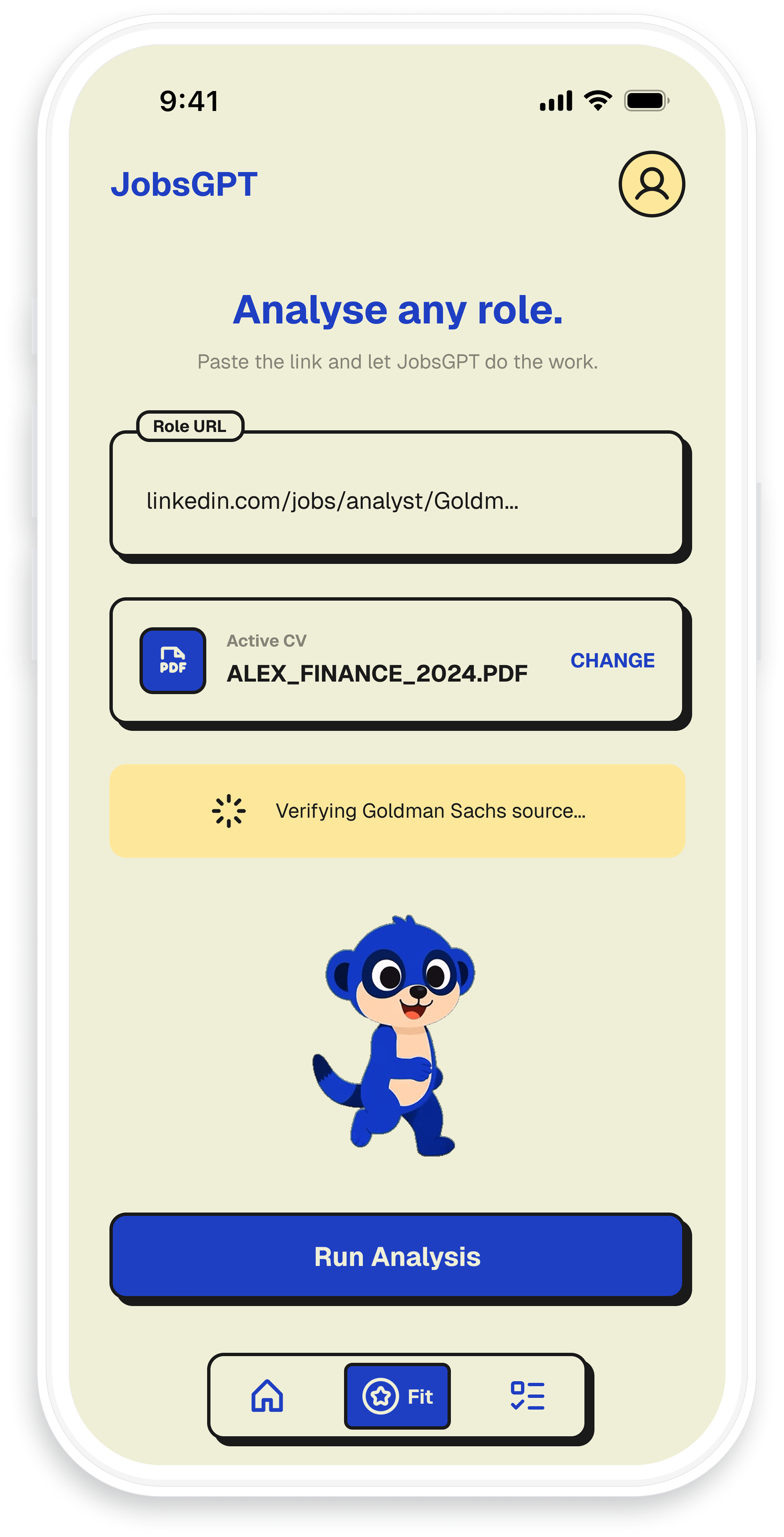 Fit screen: paste a job link and run analysis