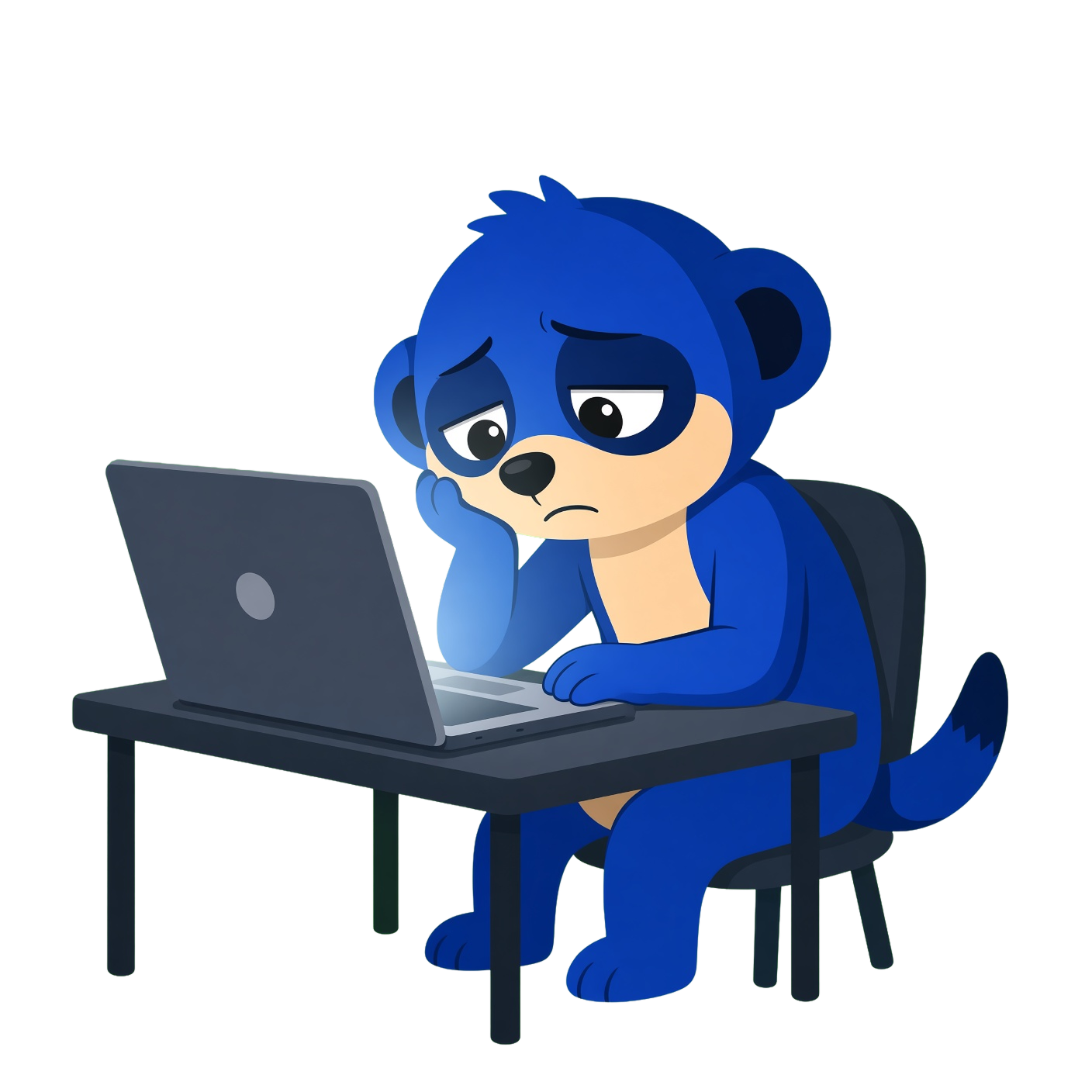 Tobi slumped at a laptop, worn out by a scattered job search